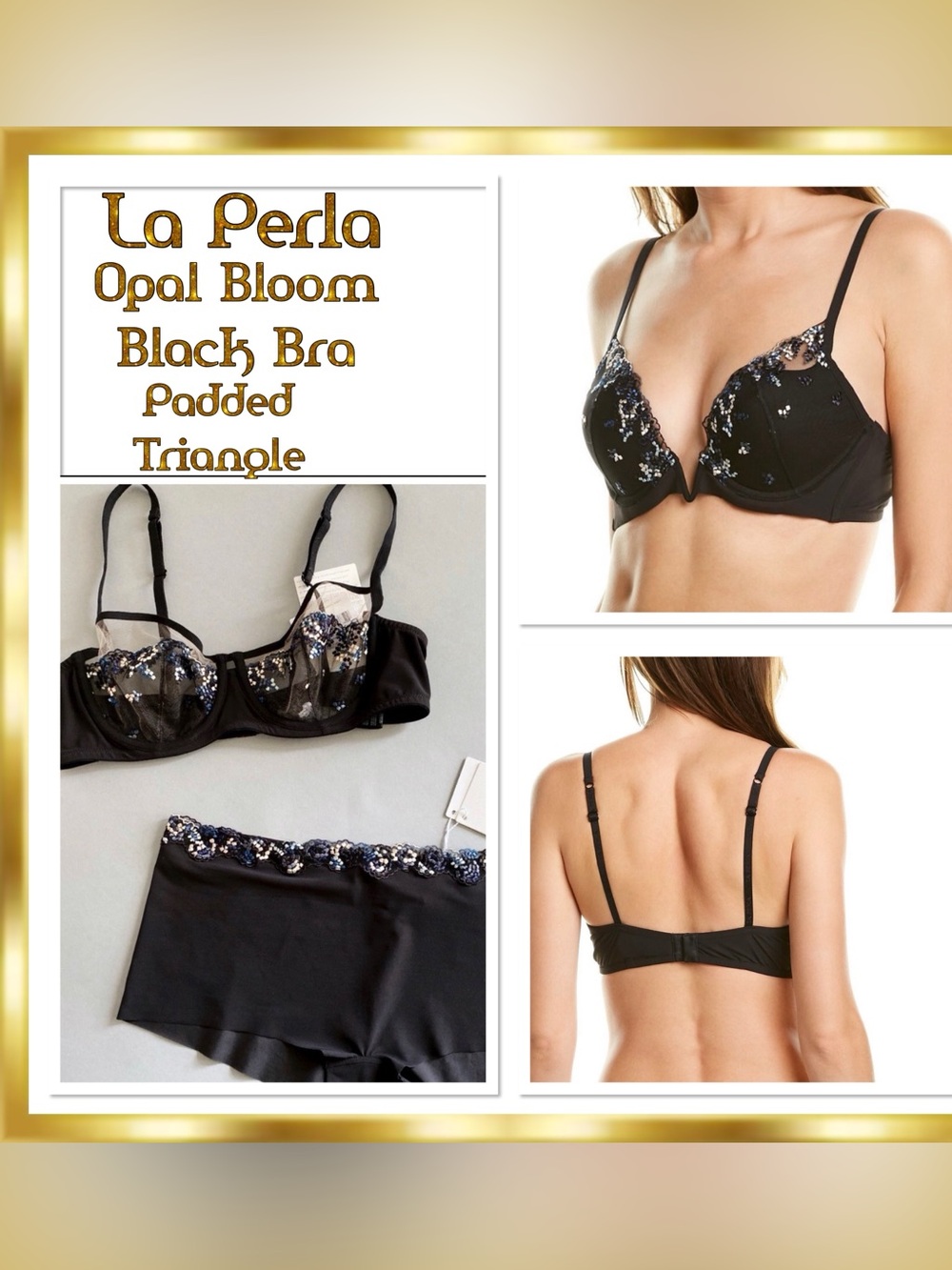 La Perla Silk Opal Blooms Embroidered Opal Motifs Black Triangle Bra 30C RARE